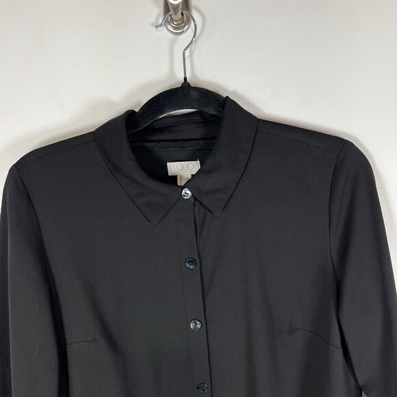 LOGO by Lori Goldstein Solid Black Button Up Blouse Size Small Ruffle Bottom - Picture 2 of 8